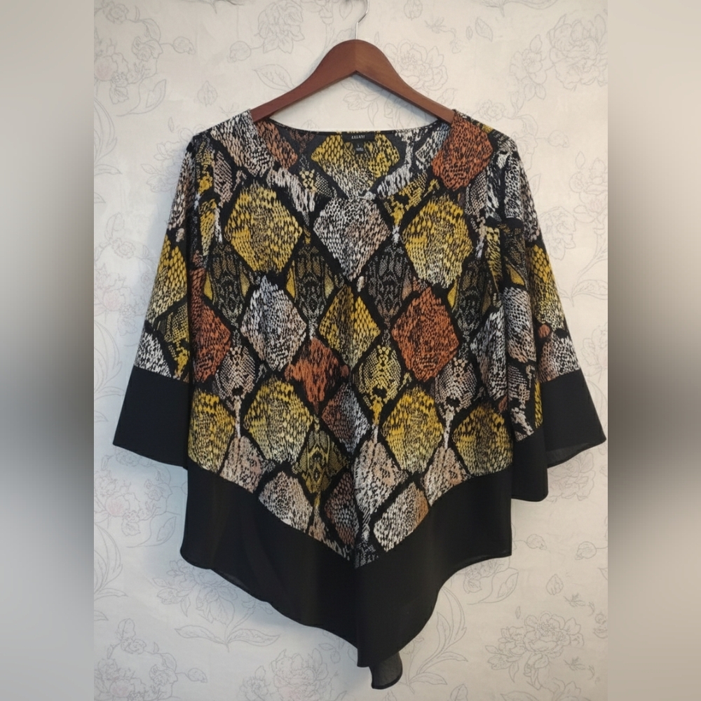 Alfani Yellow Black Snake Print Blouse Top Size L Asymmetrical Hem Bell Sleeve